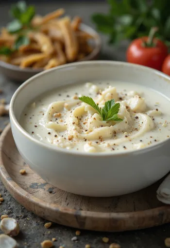Cremige Knoblauchsauce mit Gewürzen in einer Schüssel, dekoriert mit frischer Petersilie.