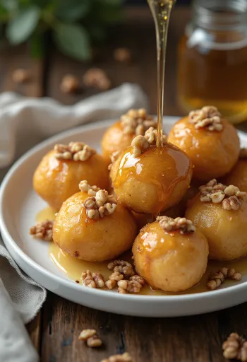 Zeppole mit Honig und Walnüssen, goldbraune Gebäcke mit Honig serviert