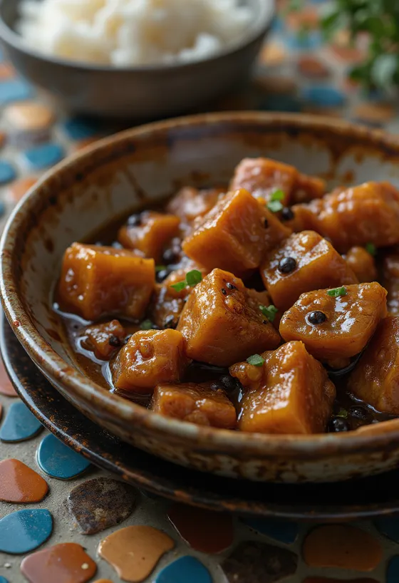 Schweinefleisch-Adobo, serviert mit Reis und frischem Koriander