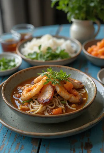 Bun Cha serviert mit Reisnudeln und frischem Gemüse