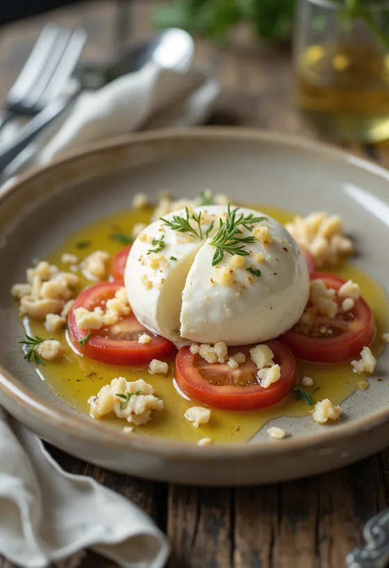 Burrata mit Knoblauchöl, Tomaten und Salat