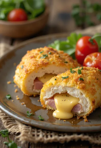 Cordon bleu serviert mit frischem Salat und Pommes Frites