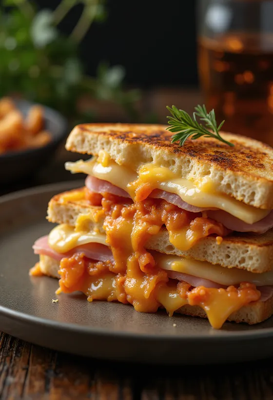 Kimchi-Sandwich mit geräuchertem Putenschinken, Cheddar, Ei und Frühlingszwiebeln serviert