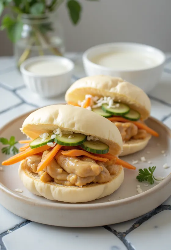 Servierte Hähnchen-Bao-Buns in Kokosmilch-Sauce
