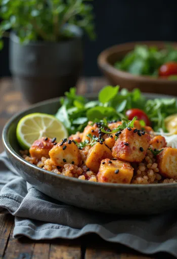 Buddha-Bowl mit Lime-Tofu, Quinoa und Curry-Rote-Bete-Tahini serviert