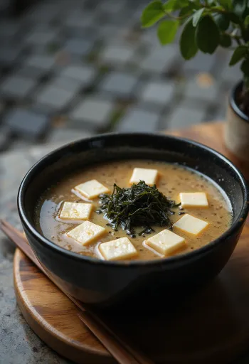 Miso-Suppe mit Frühlingszwiebeln serviert, mit Tofuwürfeln und Wakame-Algen, in tiefer Schale