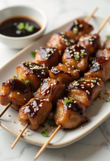 Reba Yakitori Hähnchenleber am Spieß serviert, mit Sesam und Frühlingszwiebeln