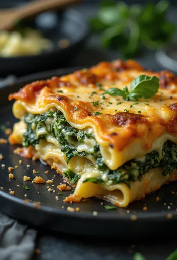 Geschichtete Spinat-Lasagne mit goldbraun gebackenem Käse obenauf