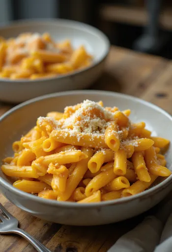 Kürbis-Pasta mit Basilikum serviert