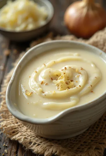 Beurre Blanc mit Sahne und Schalotten in einer Schüssel, dekoriert mit frischem Thymian.