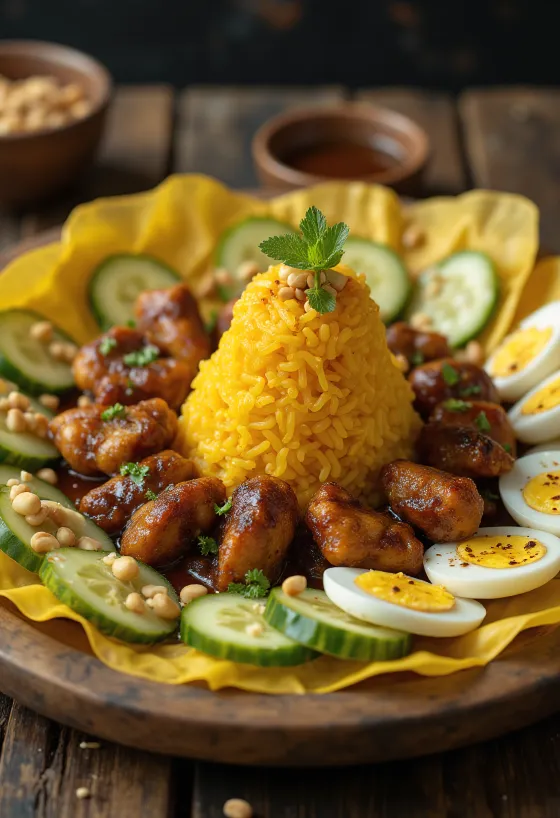 Tumpeng serviert mit gebratenem Hähnchen und Erdnüssen