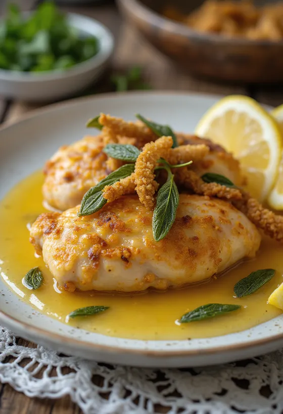 Salbei-Hähnchen mit knuspriger Haut und frischen Kräutern serviert