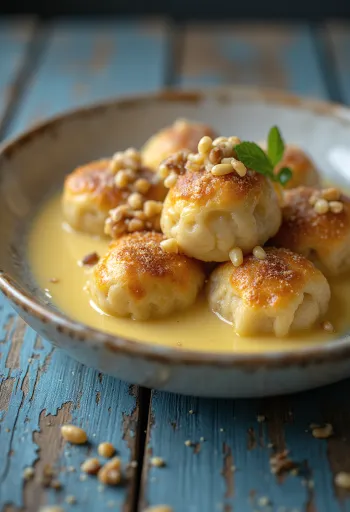 Traditionelle Goldnockerln mit Vanillesauce – Weiche Nussnockerln mit cremiger Sauce.