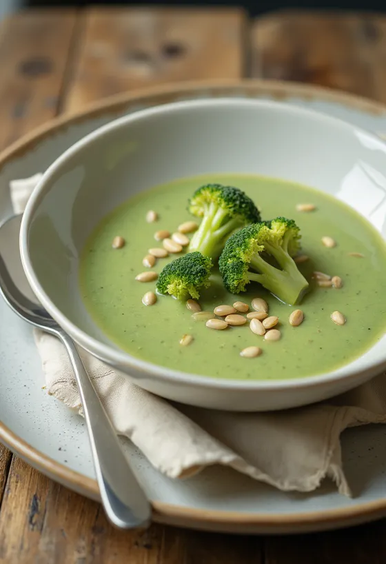 Brokkoli-Cremesuppe mit gerösteten Kernen