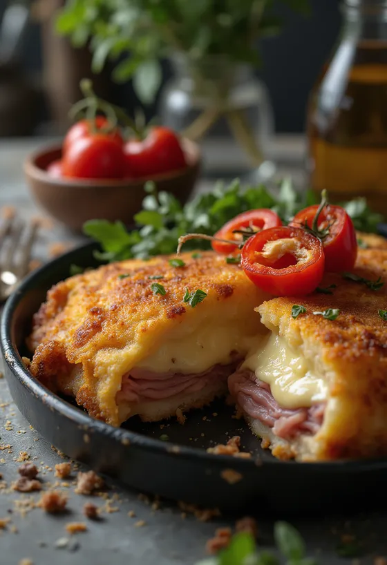 Cachopo serviert mit Pommes frites und Zitrone