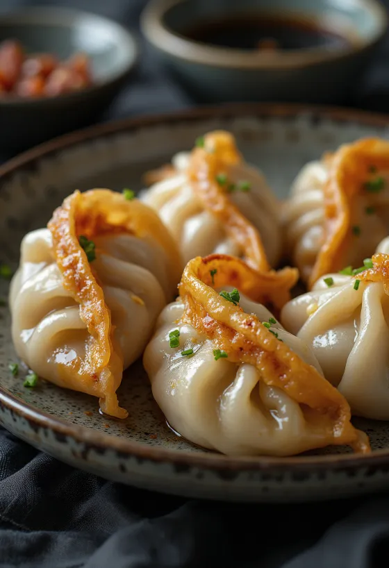 Char Siu Gyoza serviert mit BBQ-Sauce