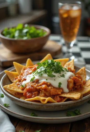 Chilaquiles mit Crema Mexicana, knusprige Tortillastücke mit Tomatensauce und frischem Koriander
