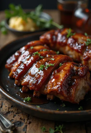 Geräucherte BBQ-Rippchen mit Bourbon-Sauce serviert