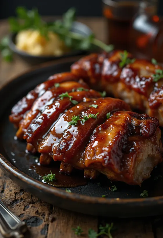 Geräucherte BBQ-Rippchen mit Bourbon-Sauce serviert