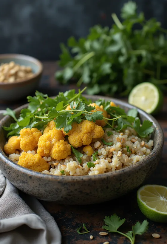 Quinoa-Buddha-Bowl mit geröstetem Blumenkohl und Limette