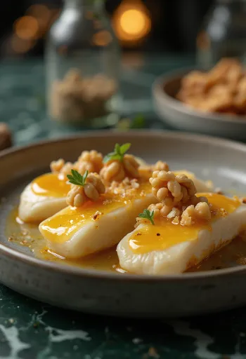 Leipäjuusto serviert mit gerösteten Walnüssen und Honig