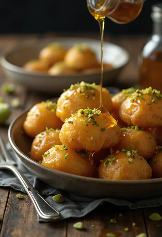 Loukoumades mit Pistazien und Honig, frisch gebacken, warm serviert
