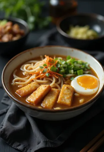 Ramen-Schüssel mit gebratenem Tofu, Nudeln und Toppings