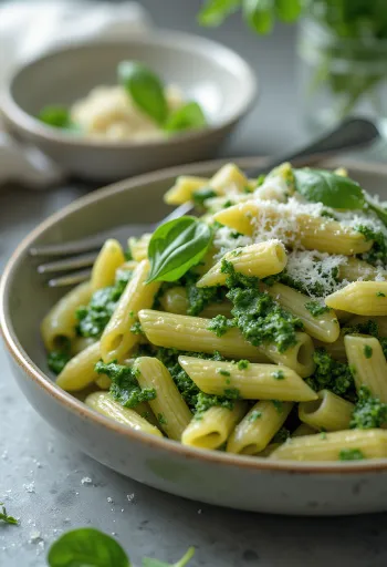 Cremige Spinat-Pasta mit frischem Parmesan bestreut, auf weißem Teller serviert.
