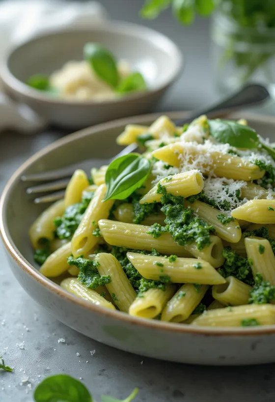 Cremige Spinat-Pasta mit frischem Parmesan bestreut, auf weißem Teller serviert.