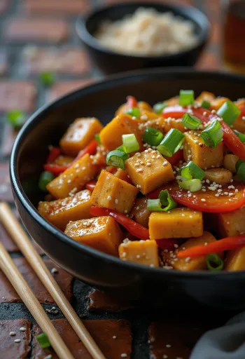 Kürbis-Wok mit Tofu serviert