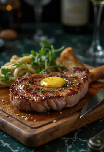 Nackensteak serviert mit Bratkartoffeln und Gemüse
