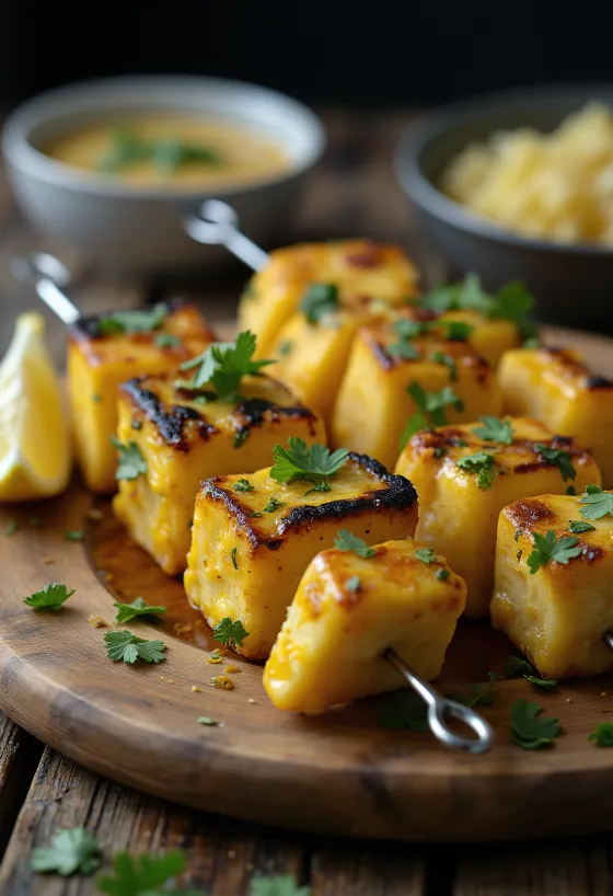 Achari Paneer Tikka, gegrillte Paneer-Stücke, gewürzt in einer Joghurtmarinade, serviert mit frischem Koriander und Zitrone
