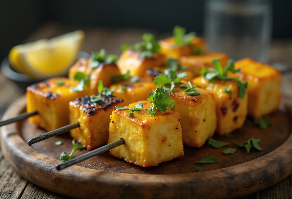 Achari Paneer Tikka, gegrillte Paneer-Stücke, gewürzt in einer Joghurtmarinade, serviert mit frischem Koriander und Zitrone