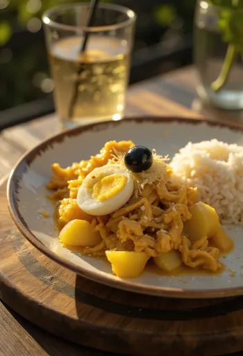 Ají de Gallina mit Zwiebeln serviert, dazu gekochtes Ei und Mandelsplitter