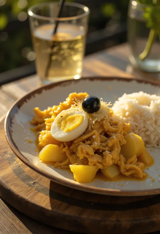 Ají de Gallina mit Zwiebeln serviert, dazu gekochtes Ei und Mandelsplitter