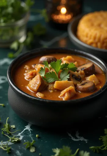 Egusi-Suppe mit Tomaten, serviert mit Rindfleisch und frischem Koriander