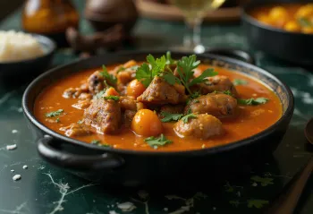 Egusi-Suppe mit Tomaten, serviert mit Rindfleisch und frischem Koriander