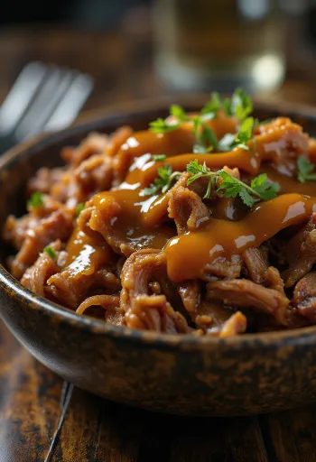 Geräuchertes BBQ-Pulled Pork mit Senfsauce serviert