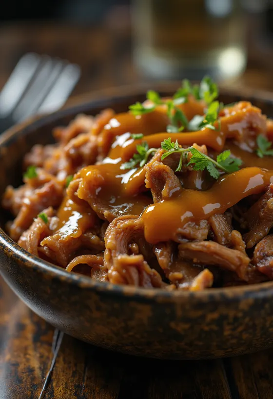 Geräuchertes BBQ-Pulled Pork mit Senfsauce serviert