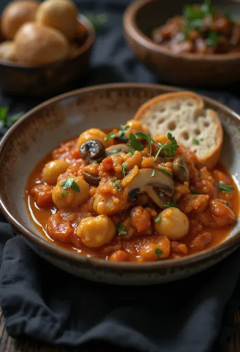 Pilzgulasch mit veganen Spätzle serviert