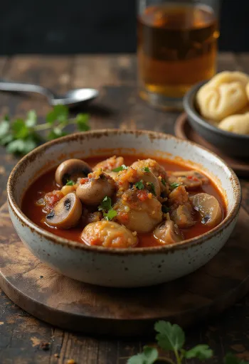 Pilzgulasch mit frischen Pilzen, serviert in dichter Paprikasauce