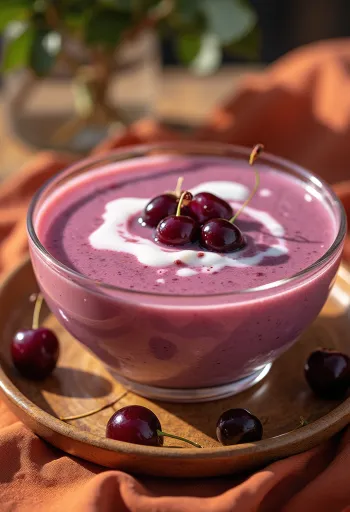 Erfrischende kalte Sauerkirschsuppe mit Sahnehäubchen, in weißer Schale serviert.