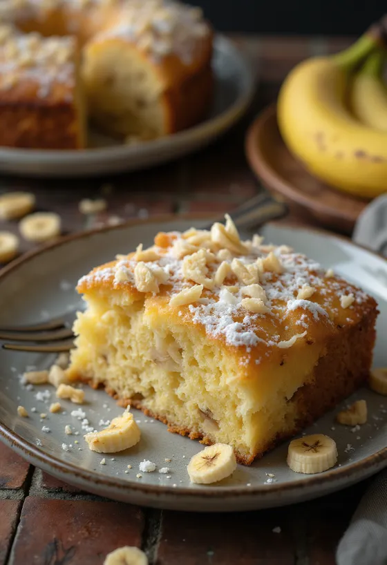 Kokos-Bananen-Torte mit Puderzucker bestäubt und Kokosraspeln dekoriert