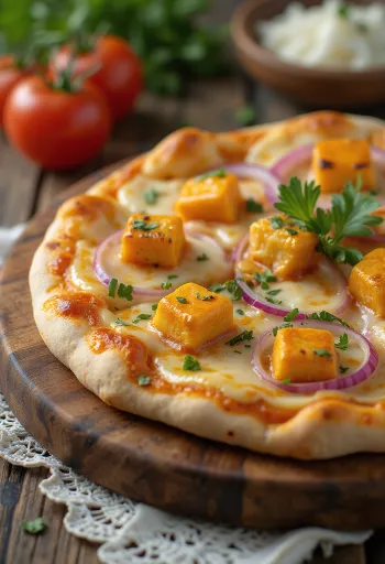 Paneer Tikka Pizza Stücke, belegt mit würzigem Paneer und Käse