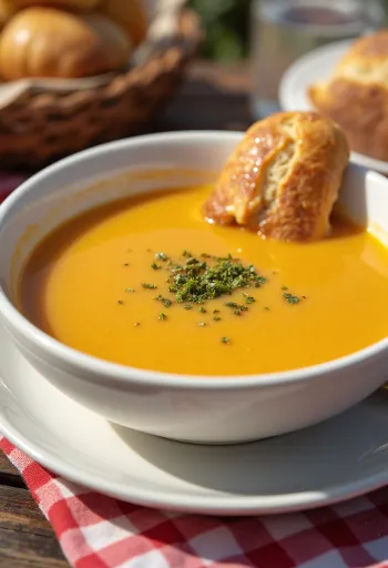 Cremige Kürbis-Gemüsesuppe serviert