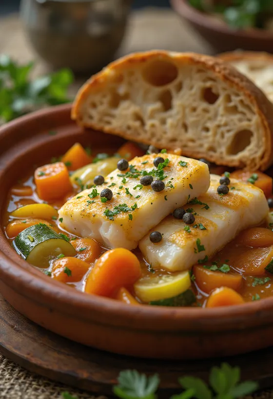 Klassische Tajine mit Fisch, reichhaltig mit Gemüse serviert, frische Gewürze