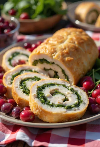 Putenroulade mit Cranberries serviert mit Gemüse.