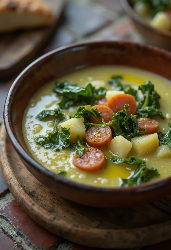 Caldo Verde Suppe mit Wurst serviert