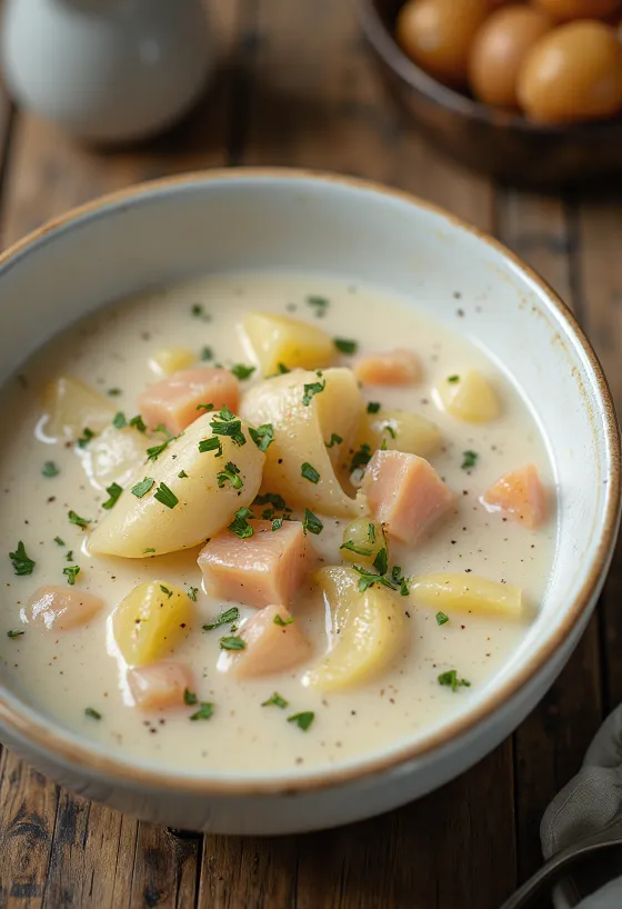 Cullen Skink, serviert mit reichlich geräuchertem Fisch und Petersiliendeko, warm serviert