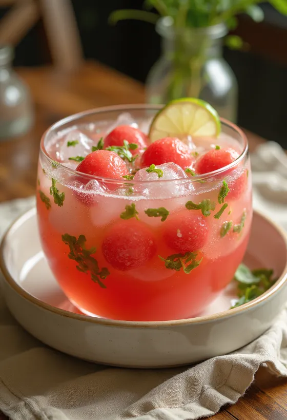 Wassermelonen-Hwachae mit Minze, mit frischer Melone serviert